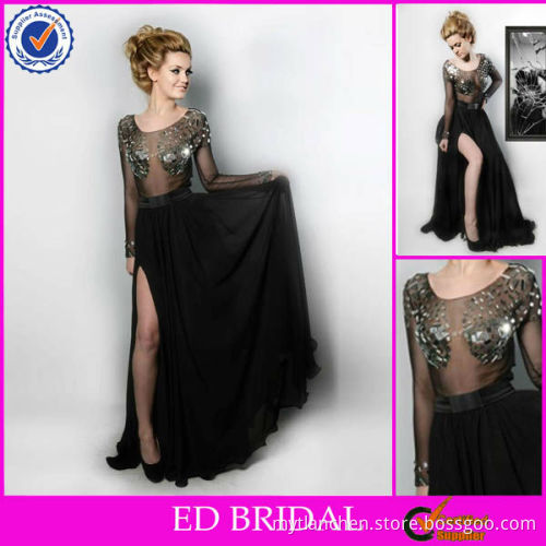 EN18 New Fashion Metallic Beaded See Through Black Long Sleeve Prom Dresses